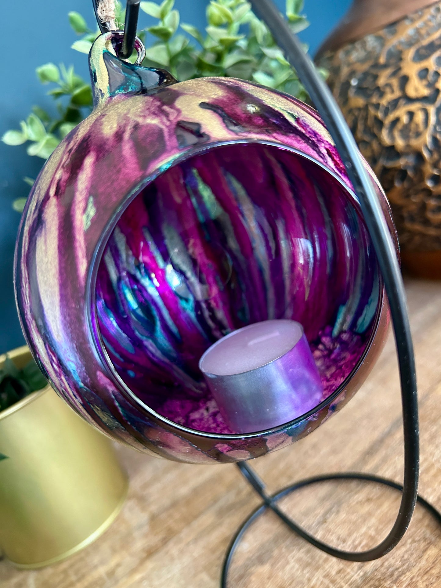 Alcohol Ink Hanging Bauble Candleholder - Peacock