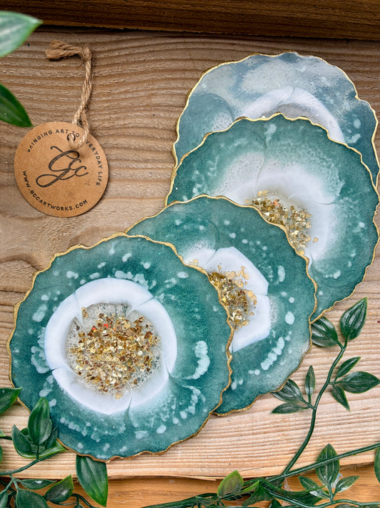Geode Style Resin Art Coasters- Green, White and Gold