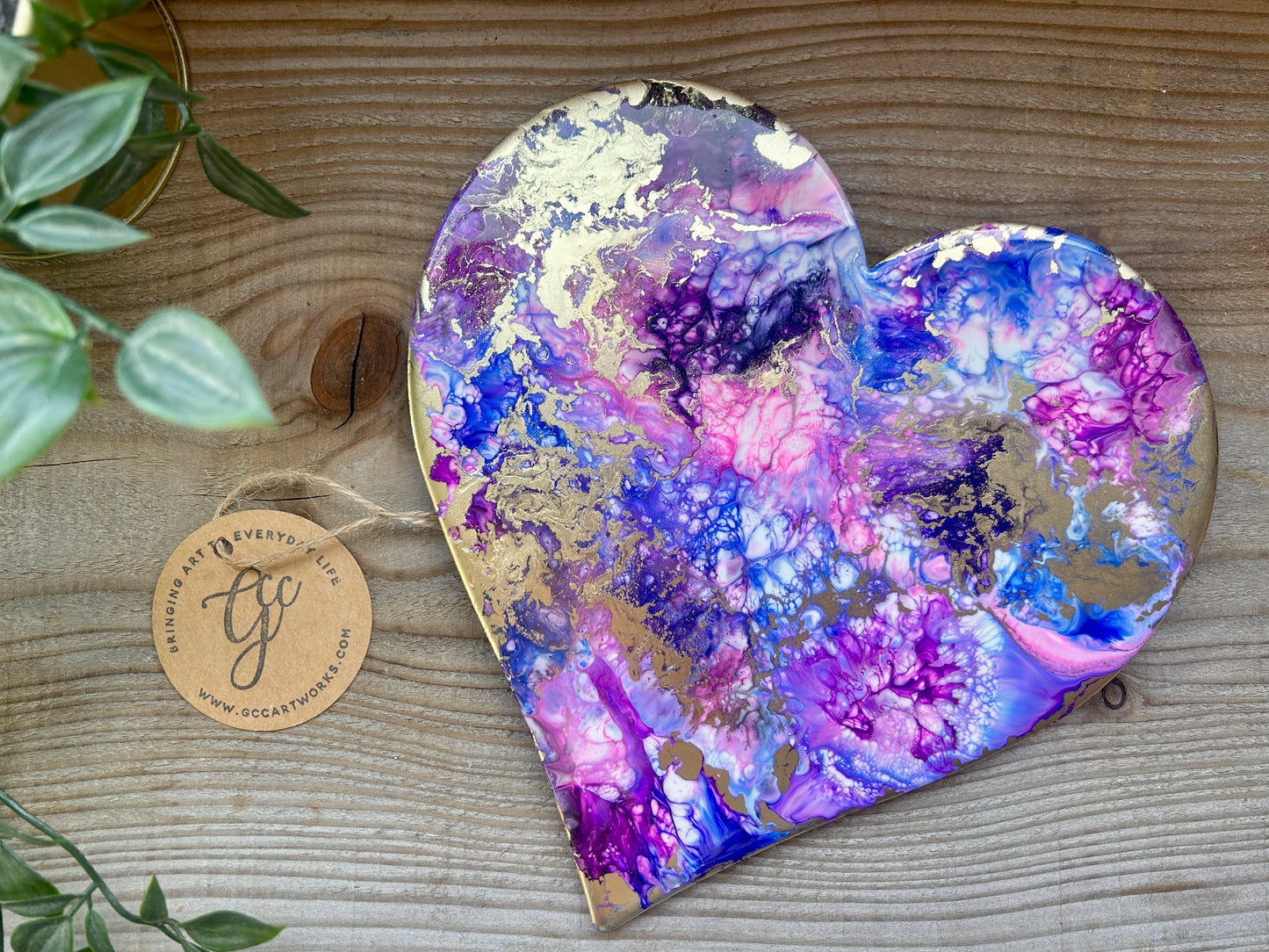 Resin and Alcohol Ink Original Hanging Heart Artwork - Pink, Blue and Gold