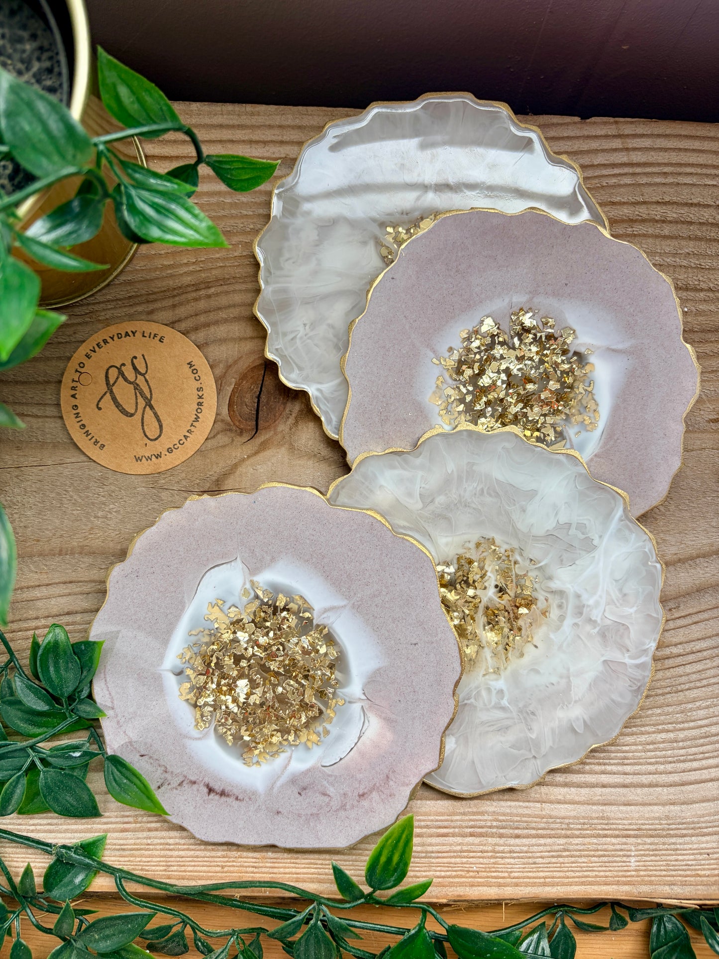 Geode Style Resin Art Coasters - Mink, White and Gold