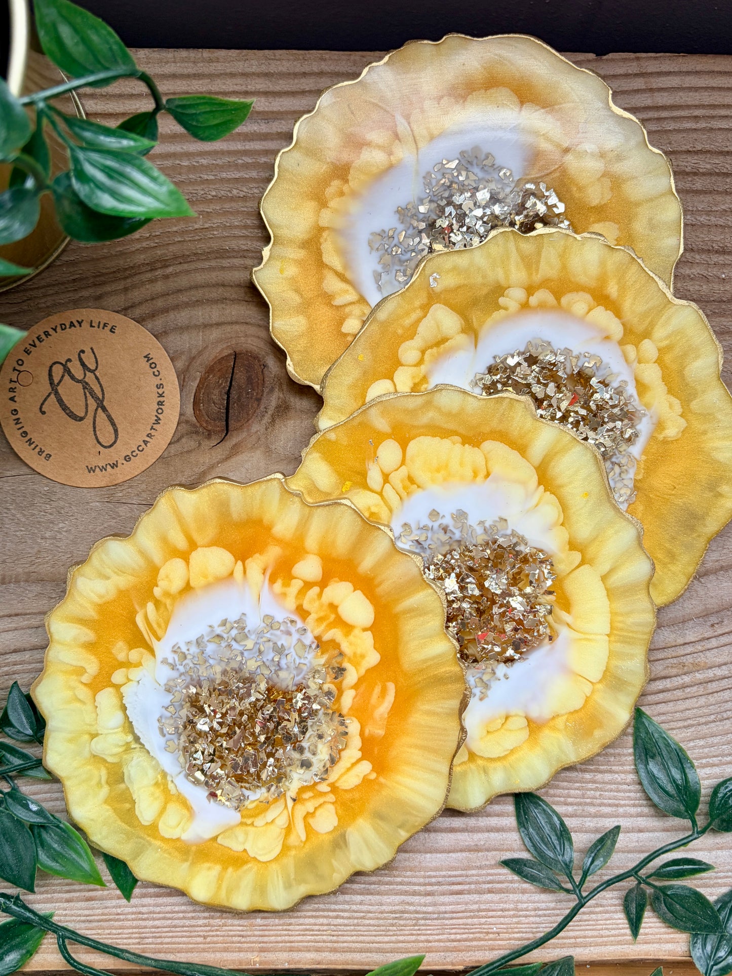 Geode Style Resin Art Coasters - Yellow, White and Gold