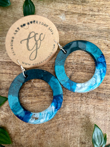 Resin Hoop Earrings - Blue and White