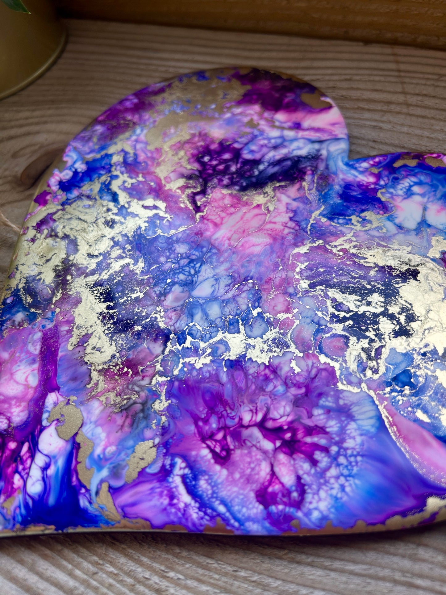 Resin and Alcohol Ink Original Hanging Heart Artwork - Pink, Blue and Gold
