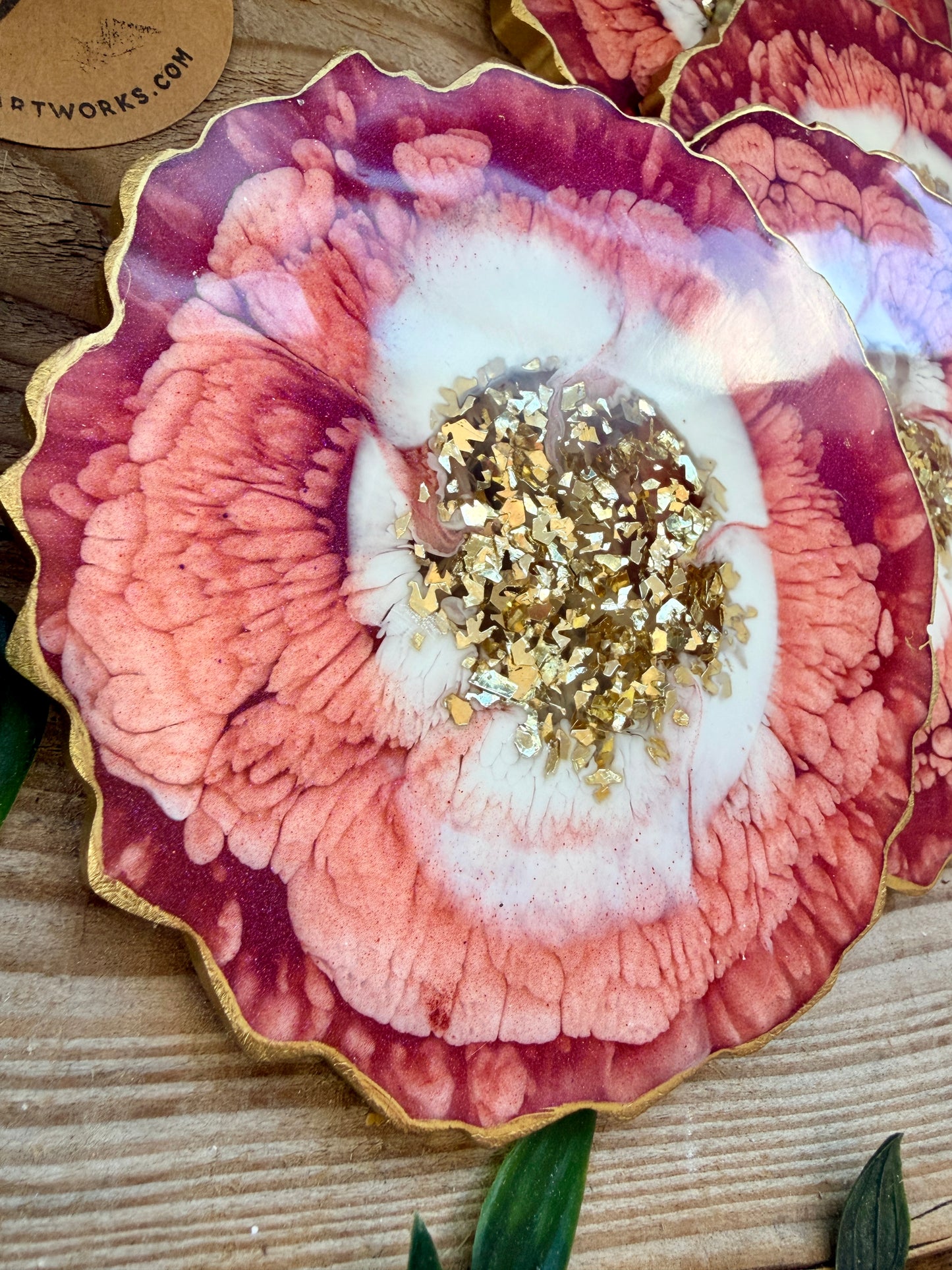 Geode Style Resin Art Coasters - Vermilion Orange, White and Gold