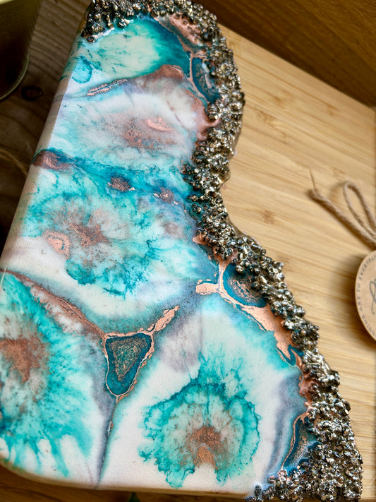 Resin Art Bamboo Raised Serving Board - Turquoise, White and Copper