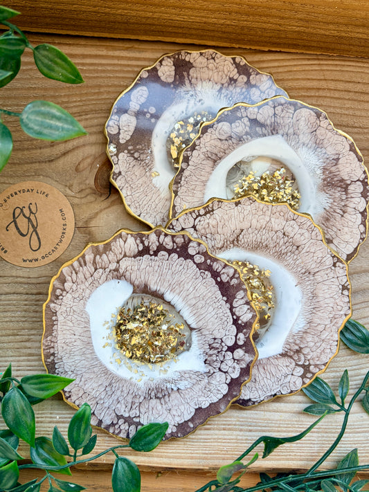 Geode Style Resin Art Coasters- Mocha, White and Gold
