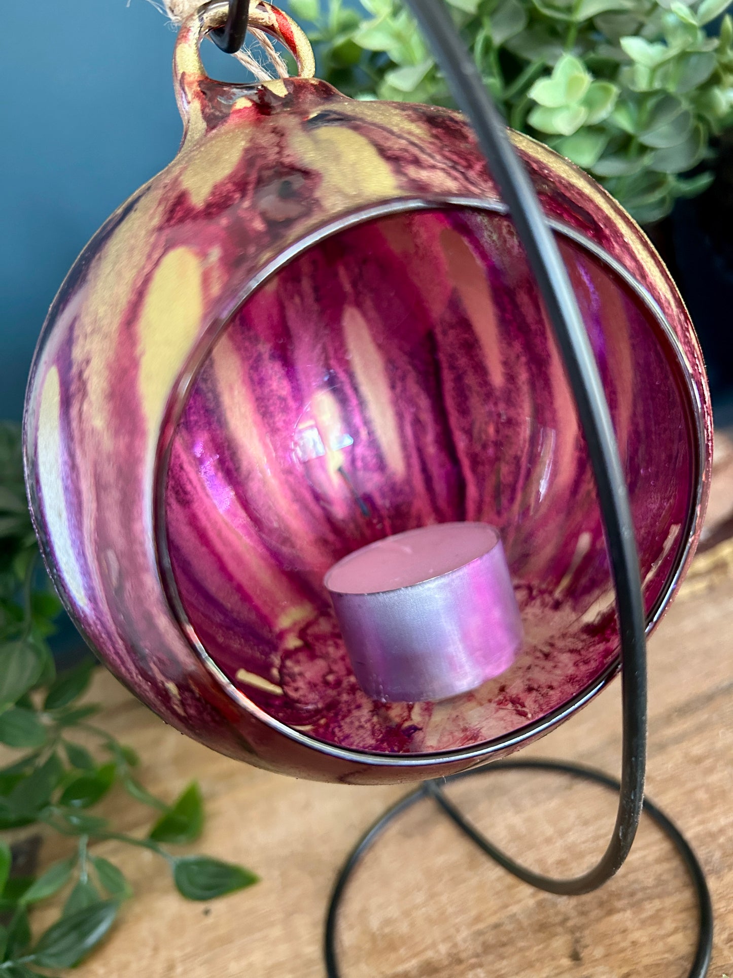 Alcohol Ink Hanging Bauble Candleholder - Pink and Gold