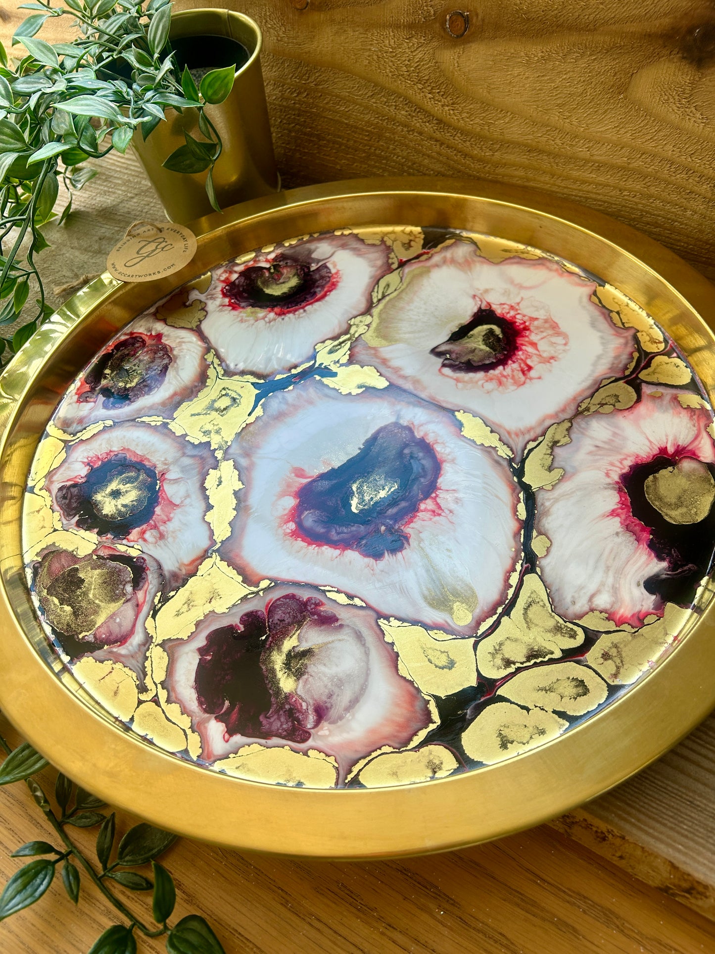 Resin Art Serving Tray - Pink, White and Gold