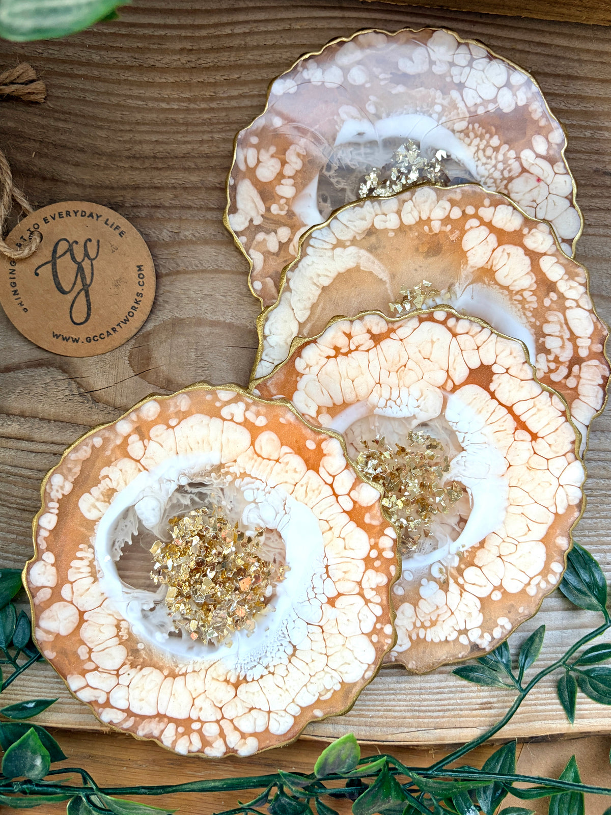 Geode Style Resin Art Coasters- Peach, White and Gold