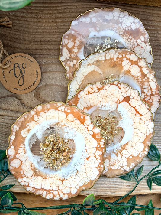 Geode Style Resin Art Coasters- Peach, White and Gold