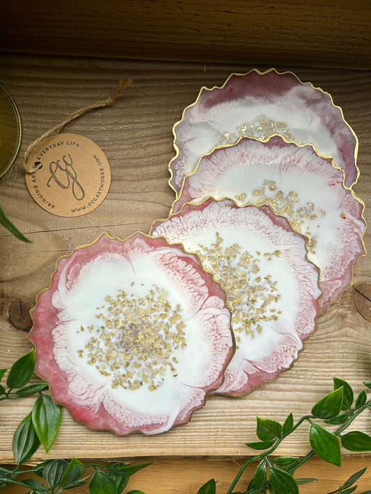 Geode Style Resin Art Coasters - Pink, White and Gold