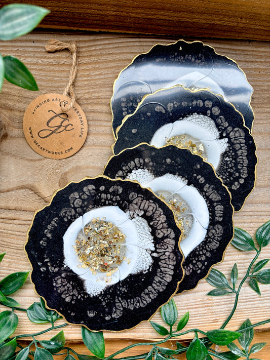 Geode Style Resin Art Coasters- Black, White and Gold