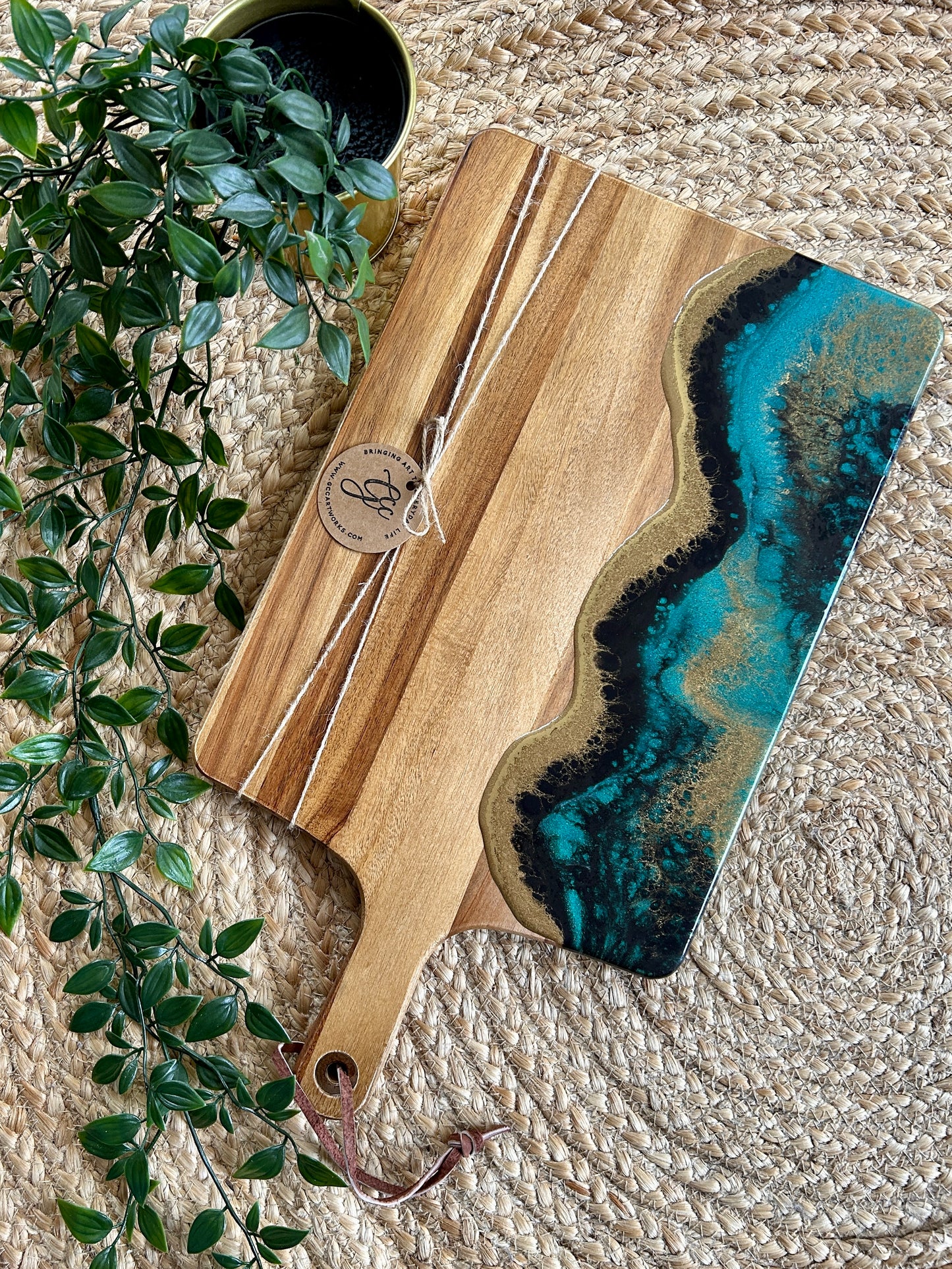 Resin Art Acacia Wood Serving Board - Turquoise, Black and Gold