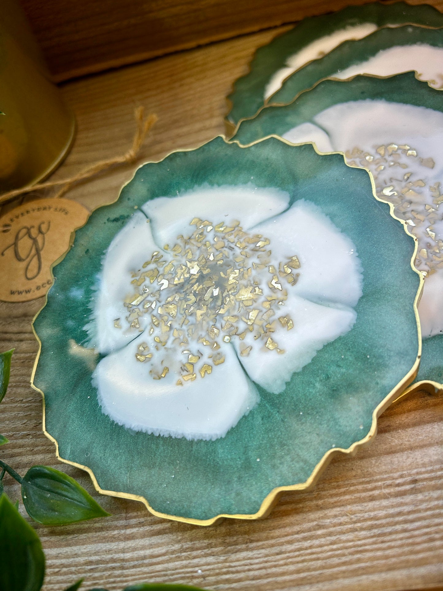 Geode Style Resin Art Coasters - Green, White and Gold