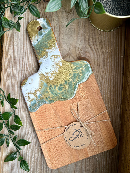 Resin Art Beech Wood Serving Paddle - Green, White and Gold
