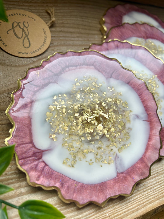 Geode Style Resin Art Coasters - Pink, White and Gold