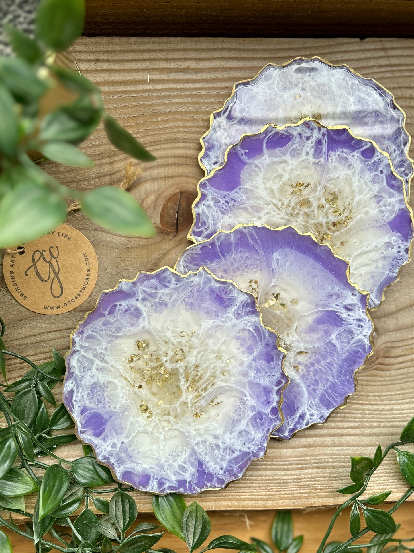 Geode Style Resin Art Coasters - Lilac, White and Gold