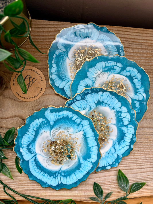 Geode Style Resin Art Coasters - Turquoise, White and Gold