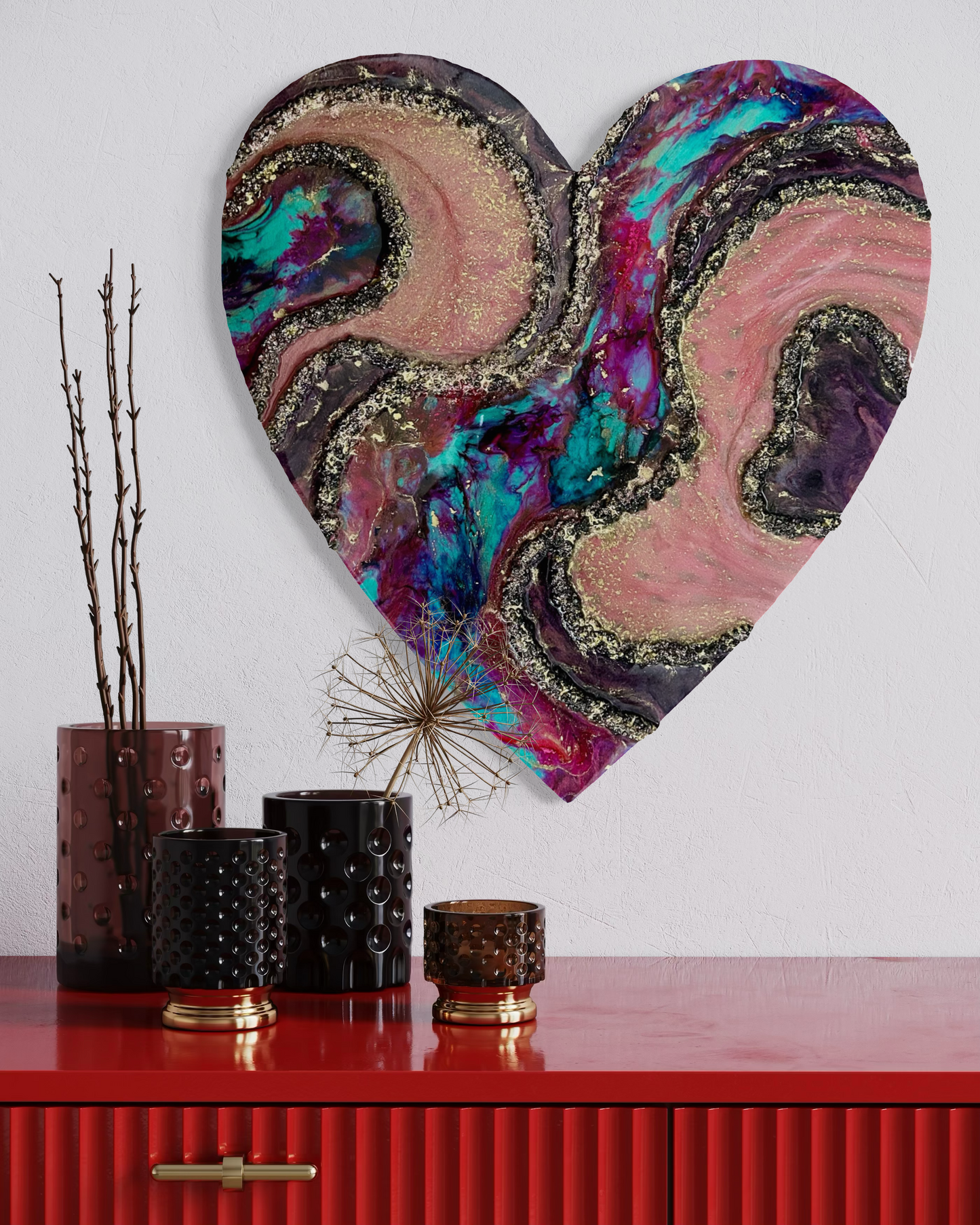 WILD ROSE - Resin and Alcohol Ink Original Hanging Heart Artwork