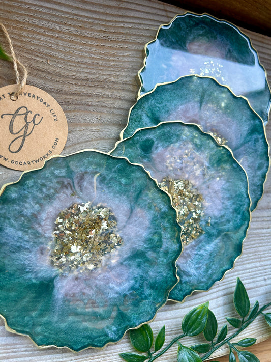 Geode Style Resin Art Coasters - Green, Pink and Gold