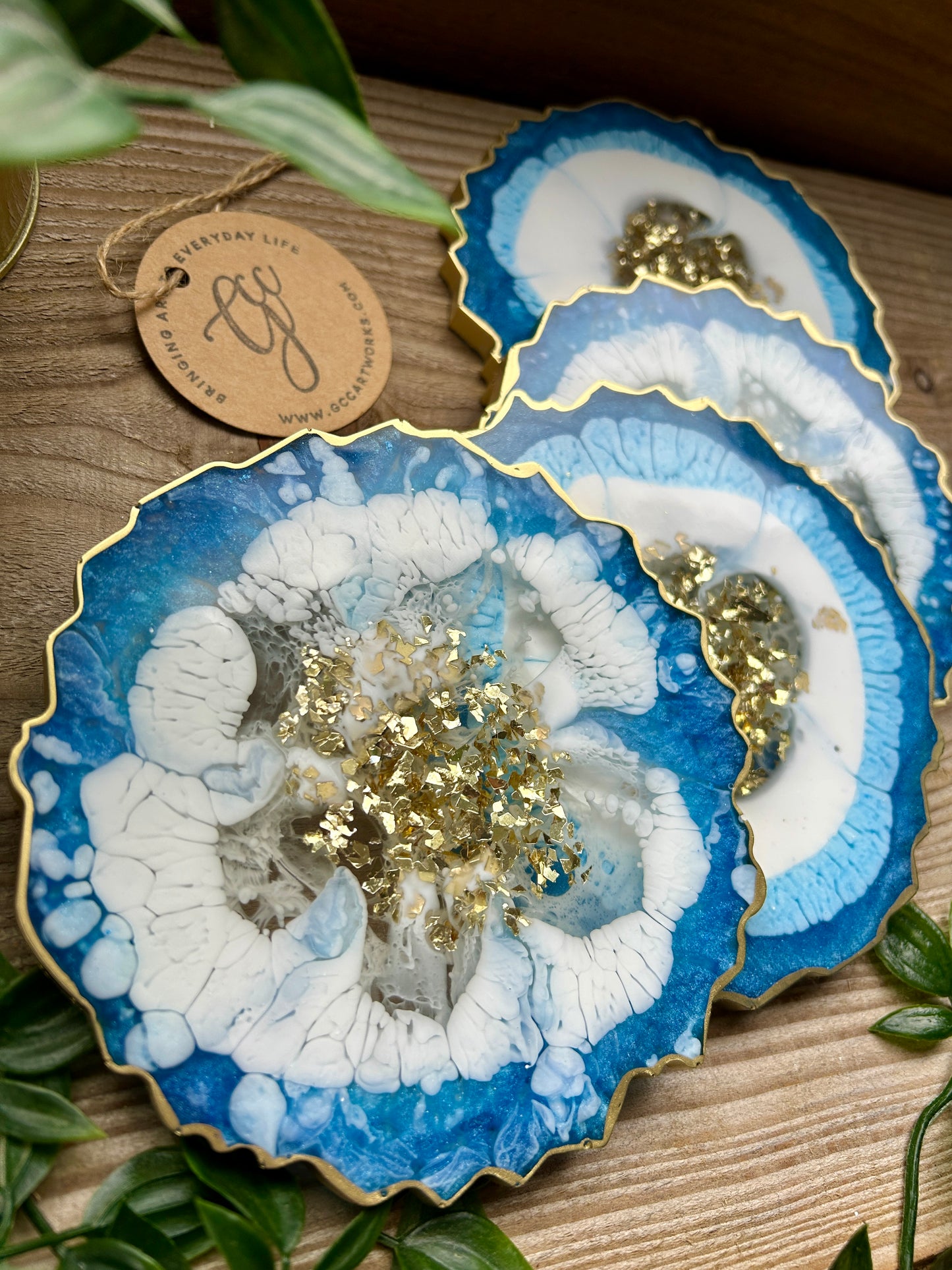 Geode Style Resin Art Coasters - Blue, White and Gold