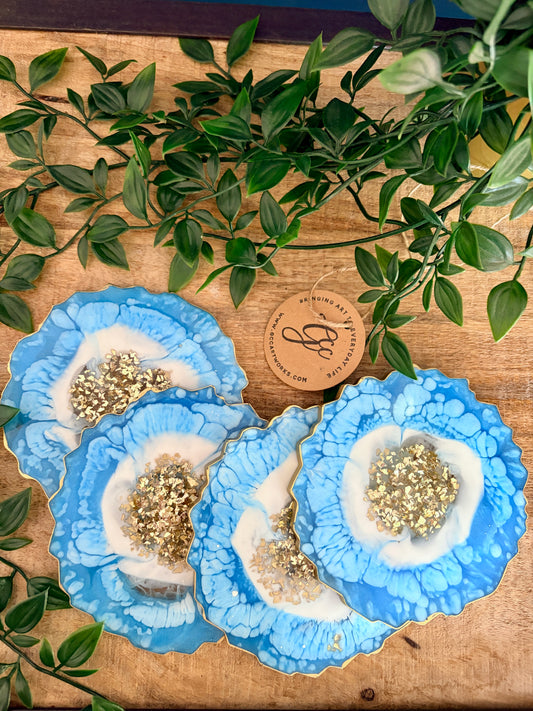Geode Style Resin Art Coasters - Blue, White and Gold
