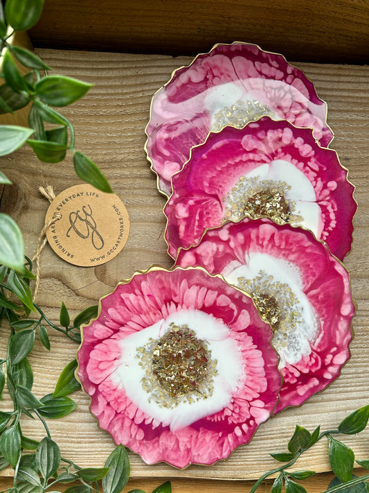 Geode Style Resin Art Coasters - Pink, White and Gold