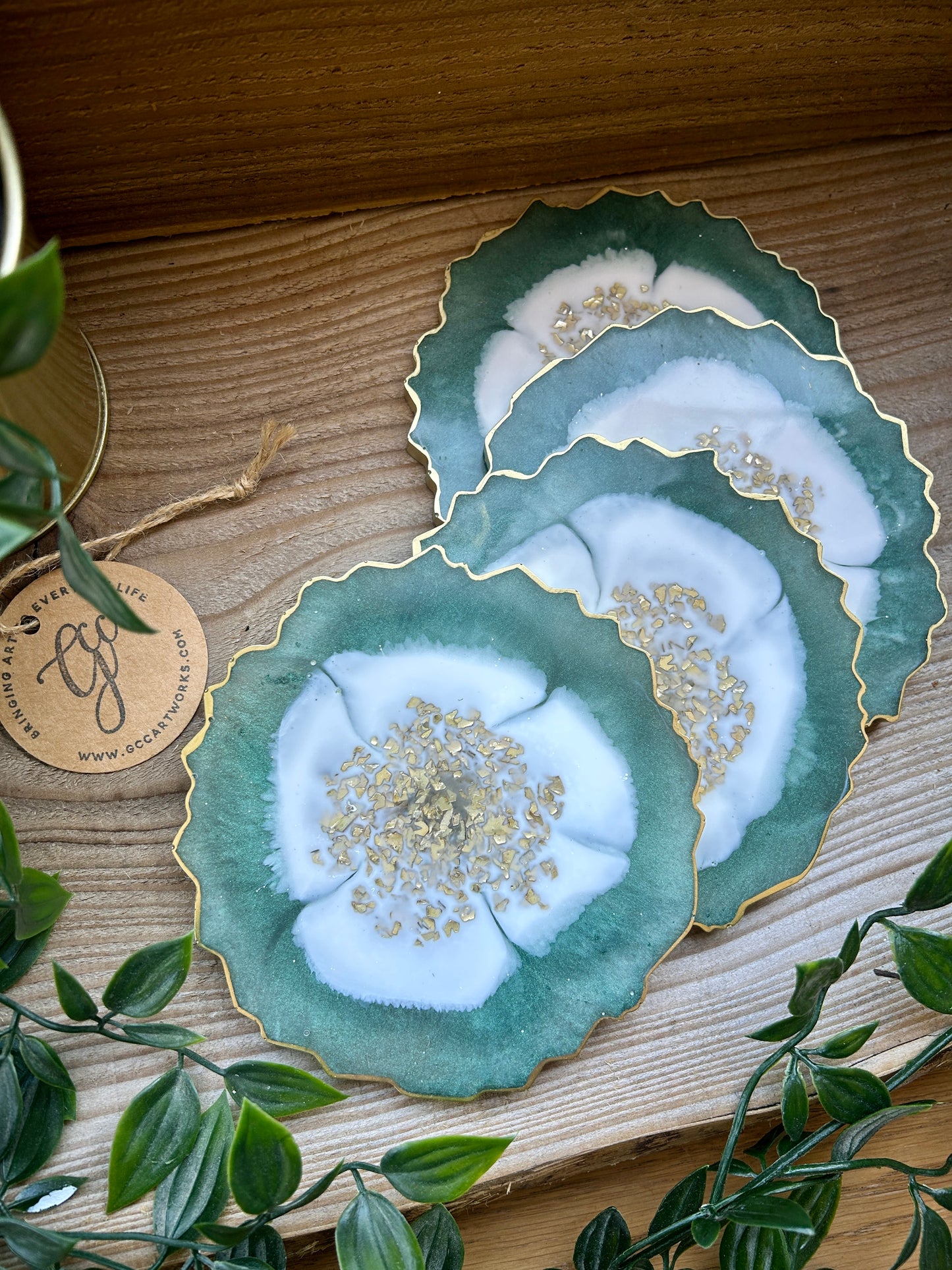 Geode Style Resin Art Coasters - Green, White and Gold