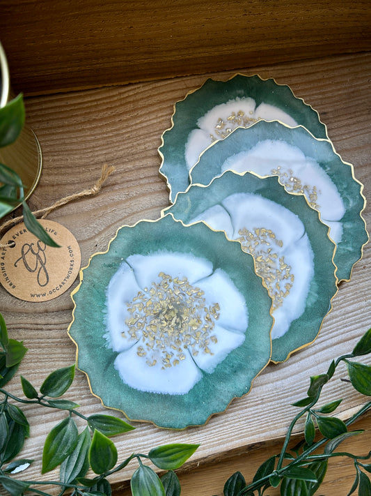 Geode Style Resin Art Coasters - Green, White and Gold