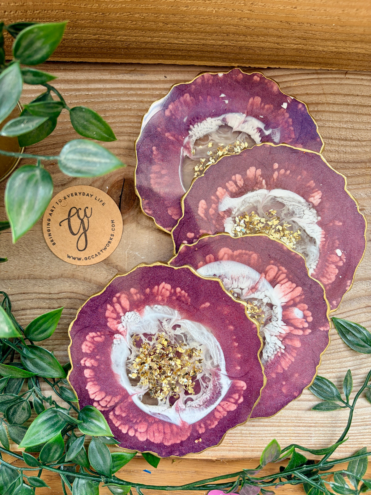 Geode Style Resin Art Coasters- Burgundy, White and Gold
