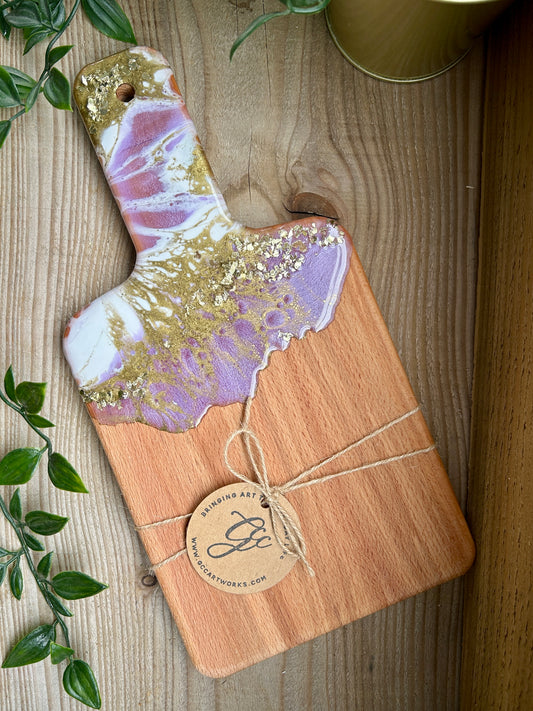 Resin Art Beech Wood Serving Paddle - Purple, White and Gold