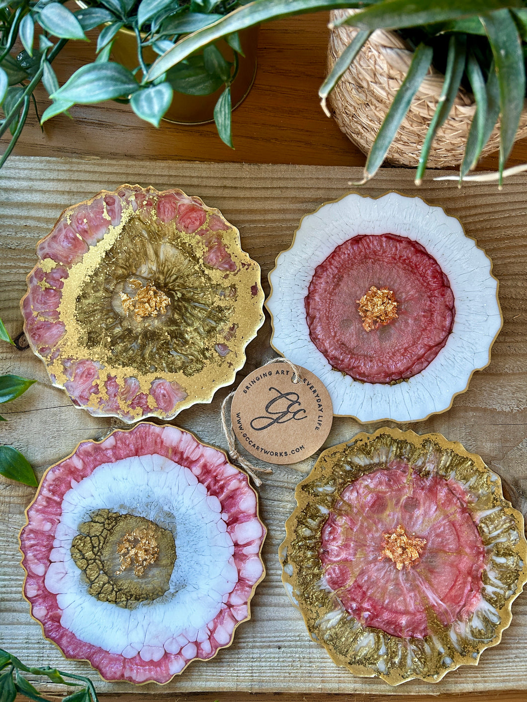 Pink, White and Gold Resin Coasters - Set of 4