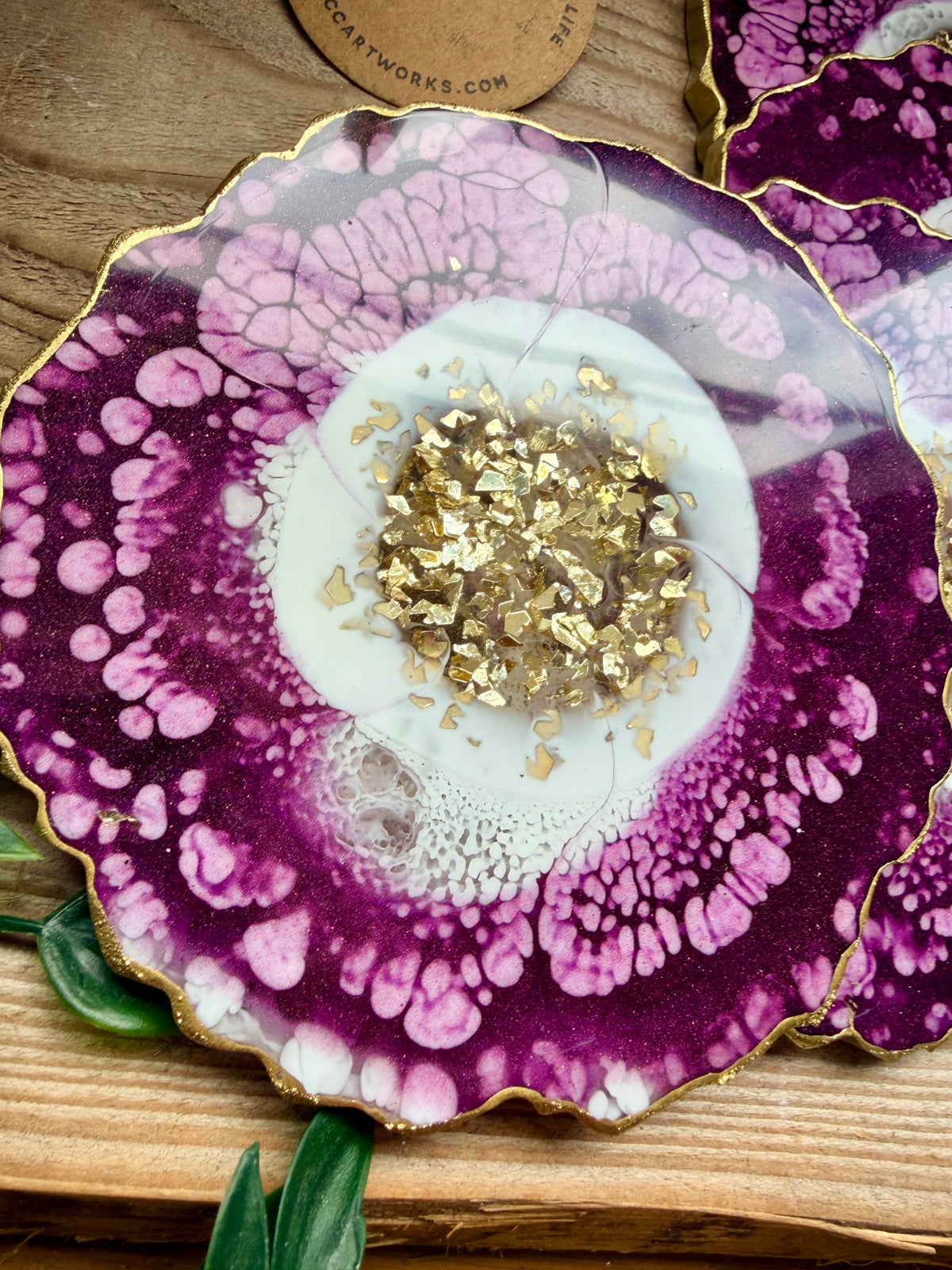 Geode Style Resin Art Coasters - Plum, White and Gold