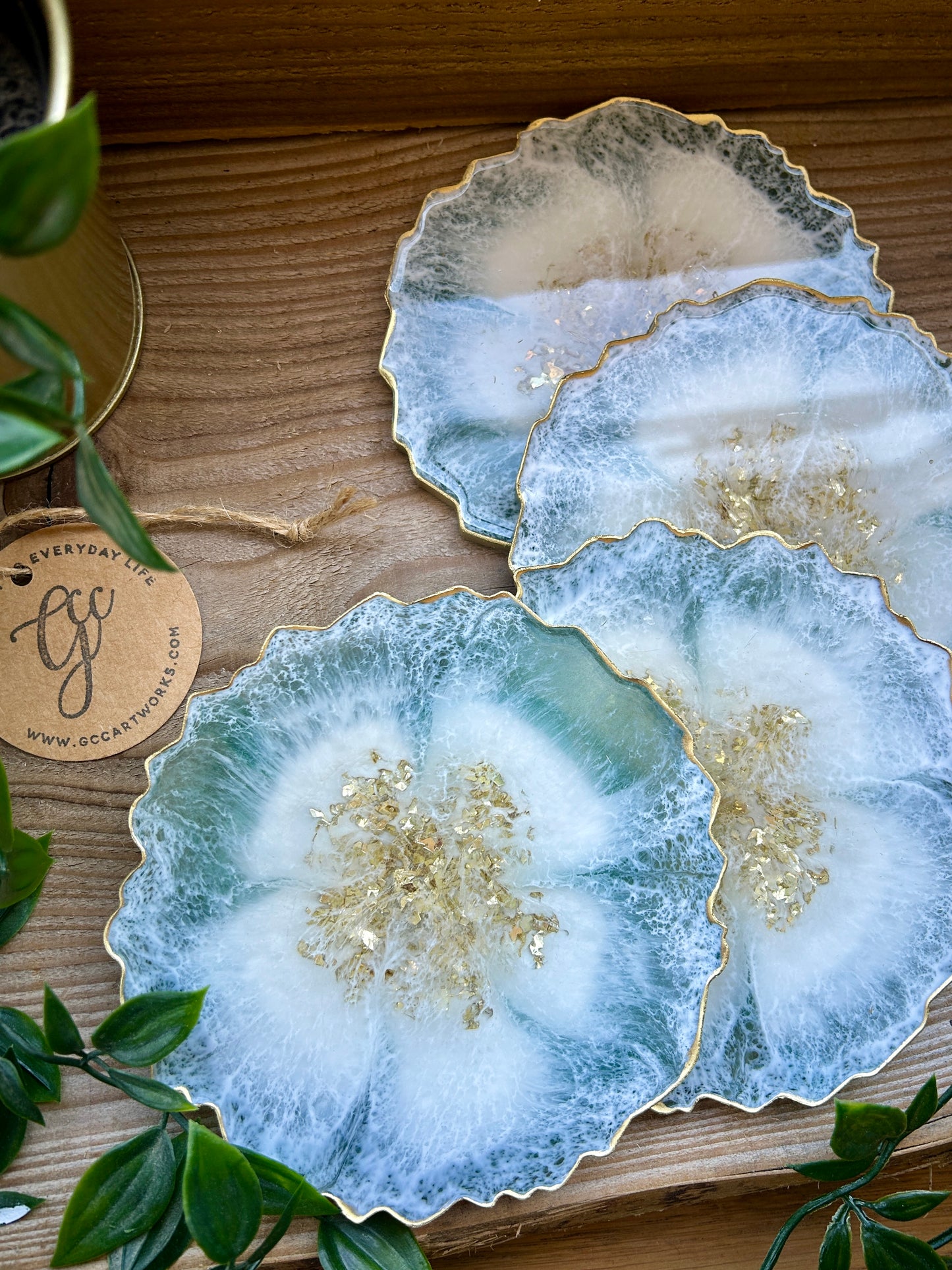 Geode Style Resin Art Coasters - Green, White and Gold