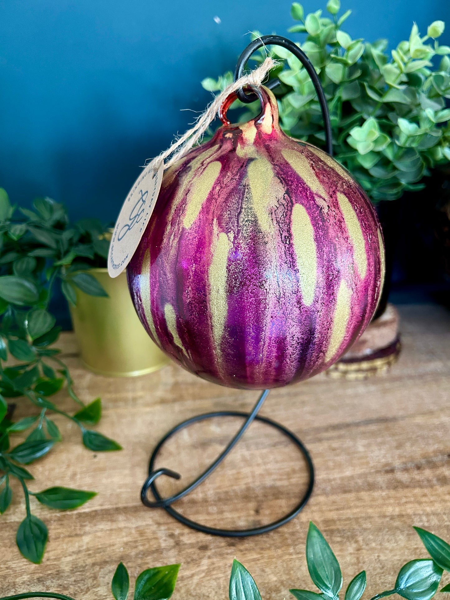 Alcohol Ink Hanging Bauble Candleholder - Pink and Gold