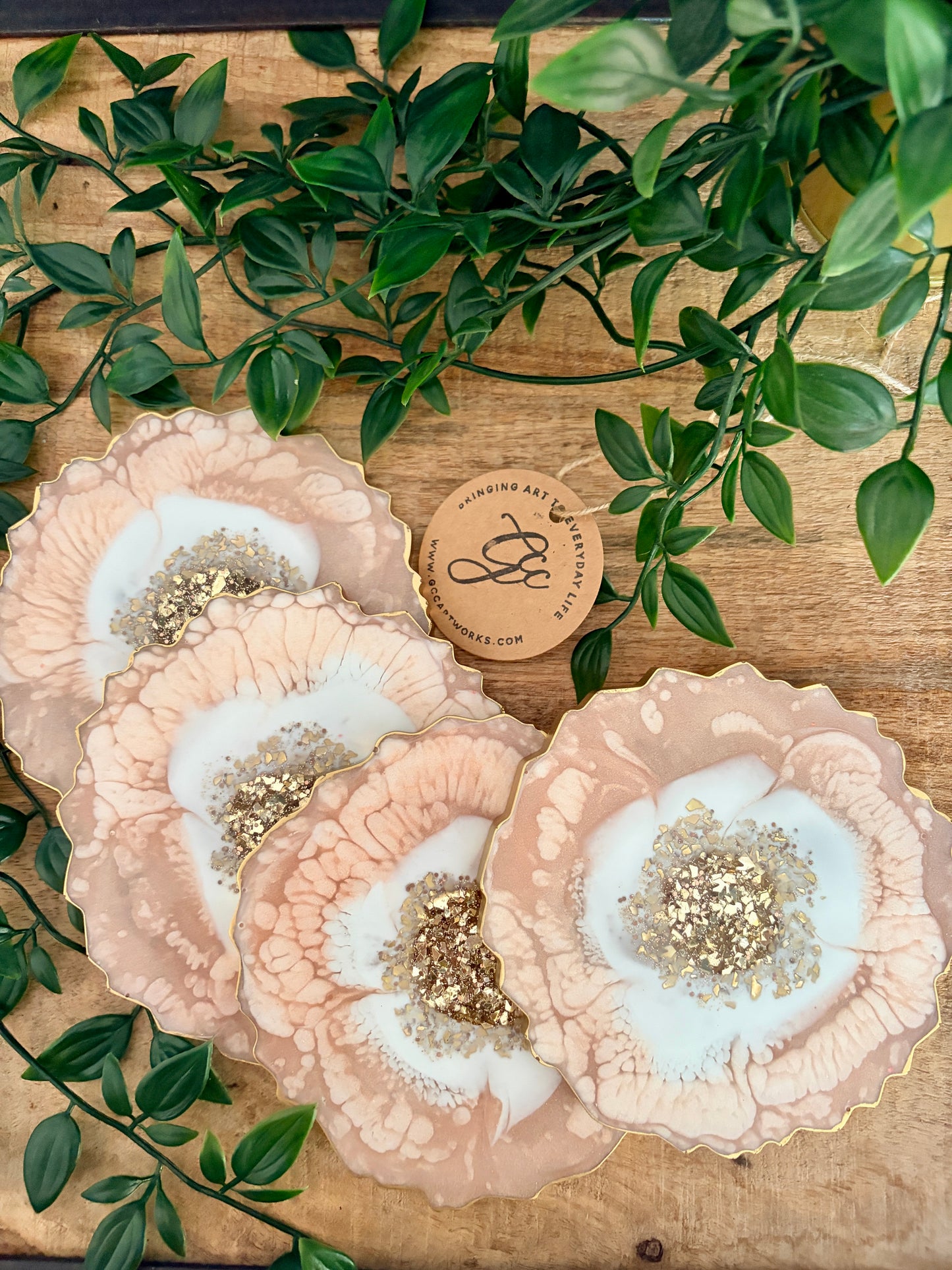 Geode Style Resin Art Coasters - Peach, White and Gold