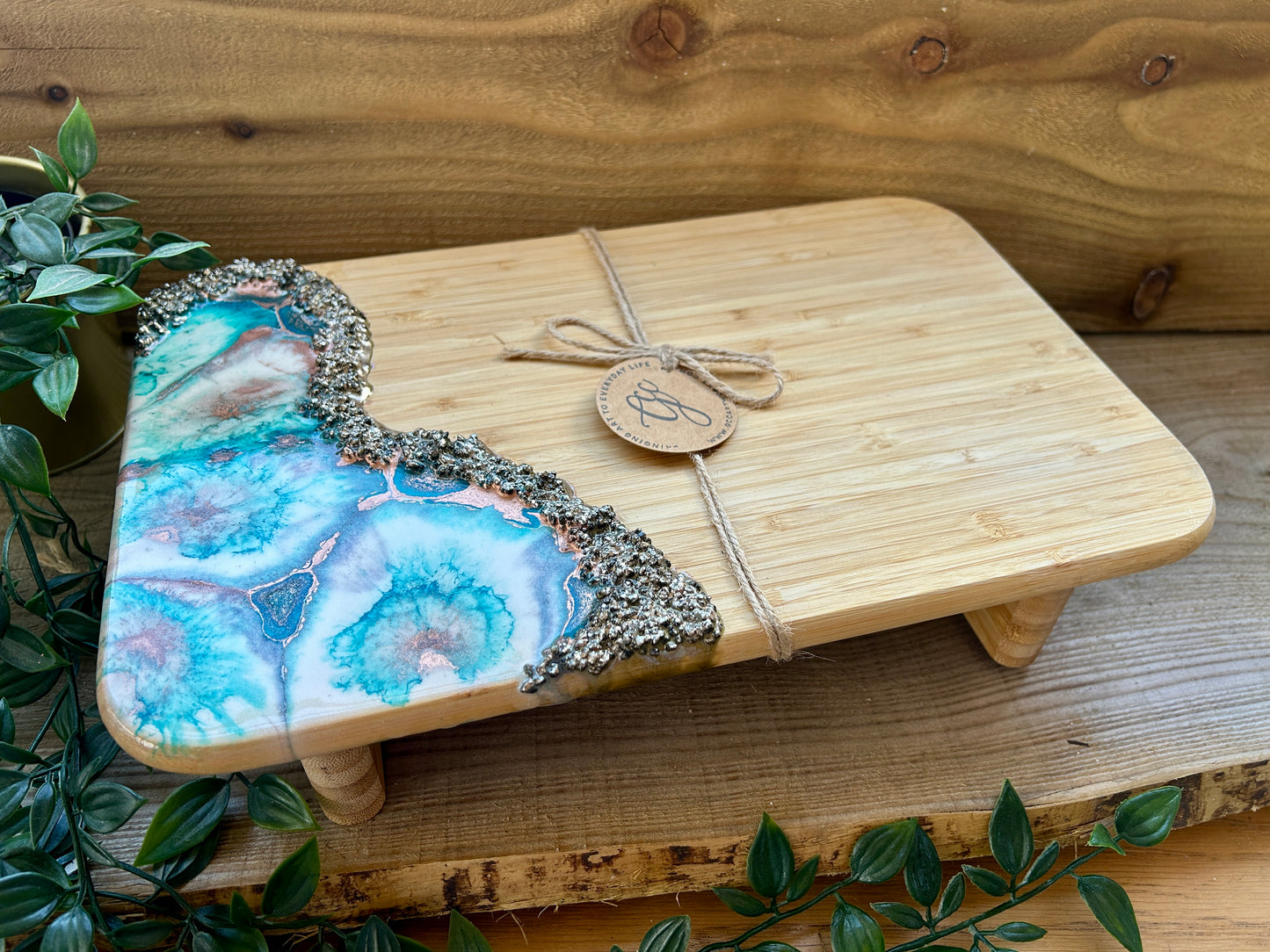 Resin Art Bamboo Raised Serving Board - Turquoise, White and Copper