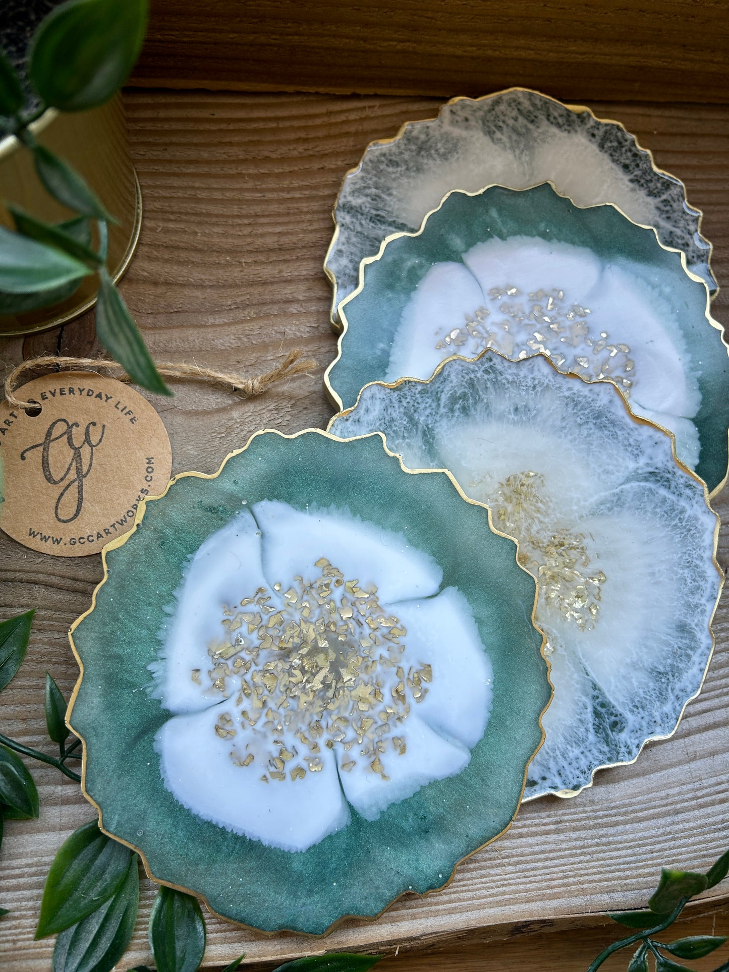 Geode Style Resin Art Coasters - Green, White and Gold