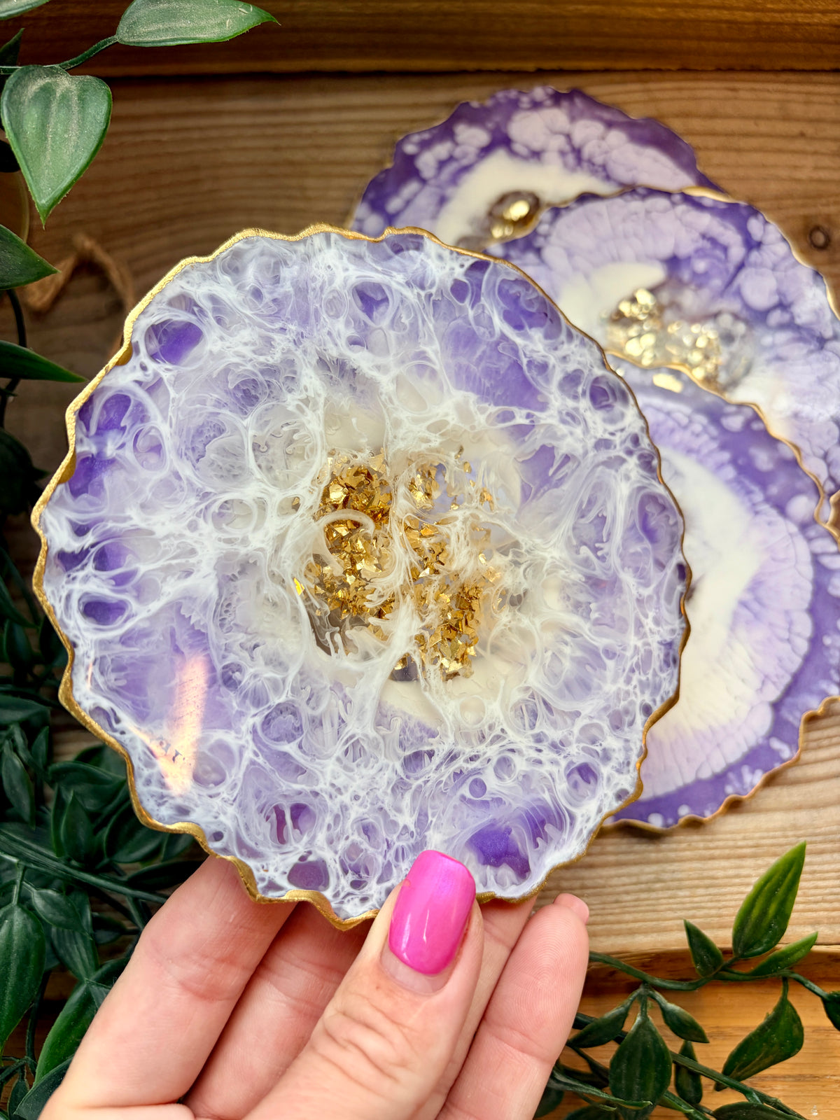 Geode Style Resin Art Coasters - Purple, White and Gold