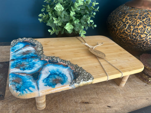 Resin Art Bamboo Raised Serving Board - Blue, White and Copper