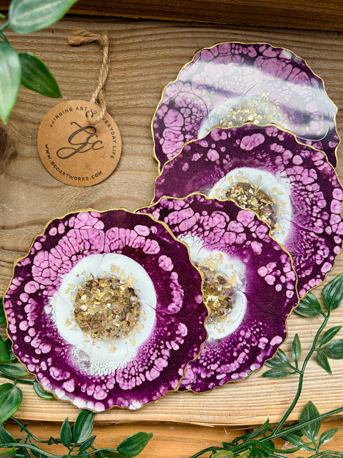 Geode Style Resin Art Coasters - Plum, White and Gold