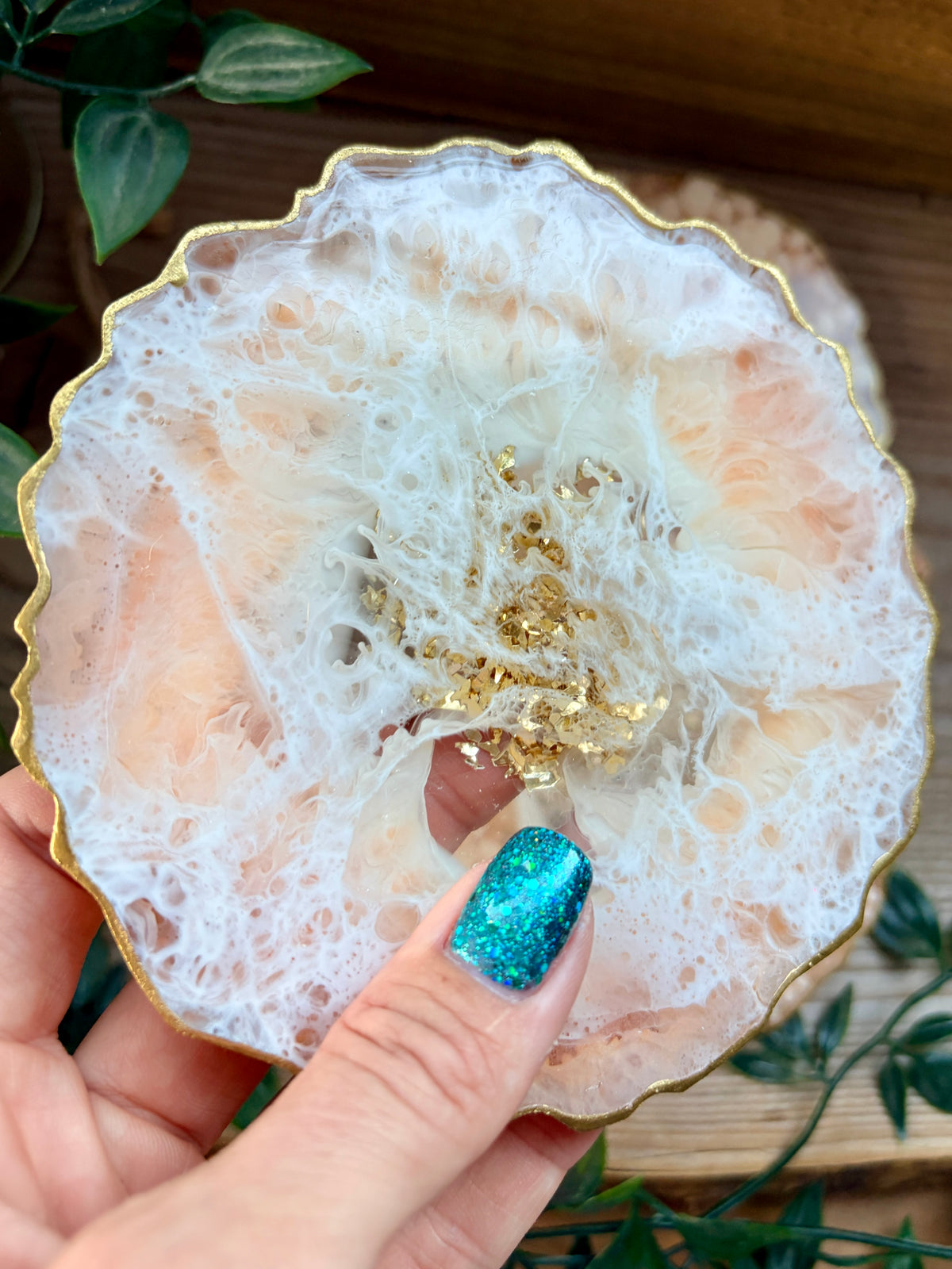 Geode Style Resin Art Coasters- Peach, White and Gold