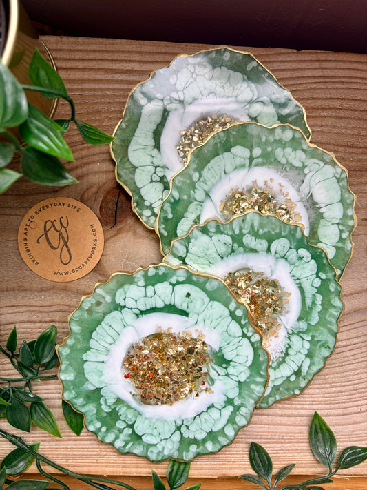 Geode Style Resin Art Coasters - Green, White and Gold