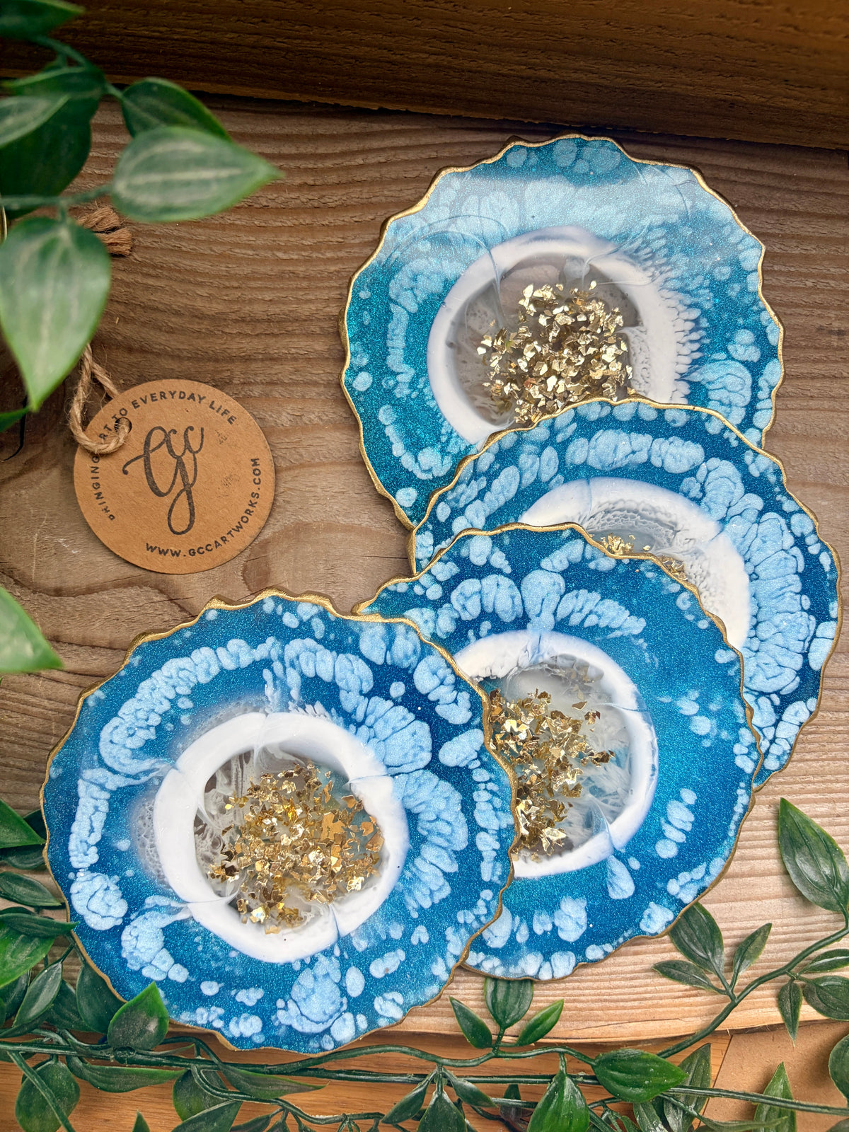 Geode Style Resin Art Coasters- Turquoise, White and Gold