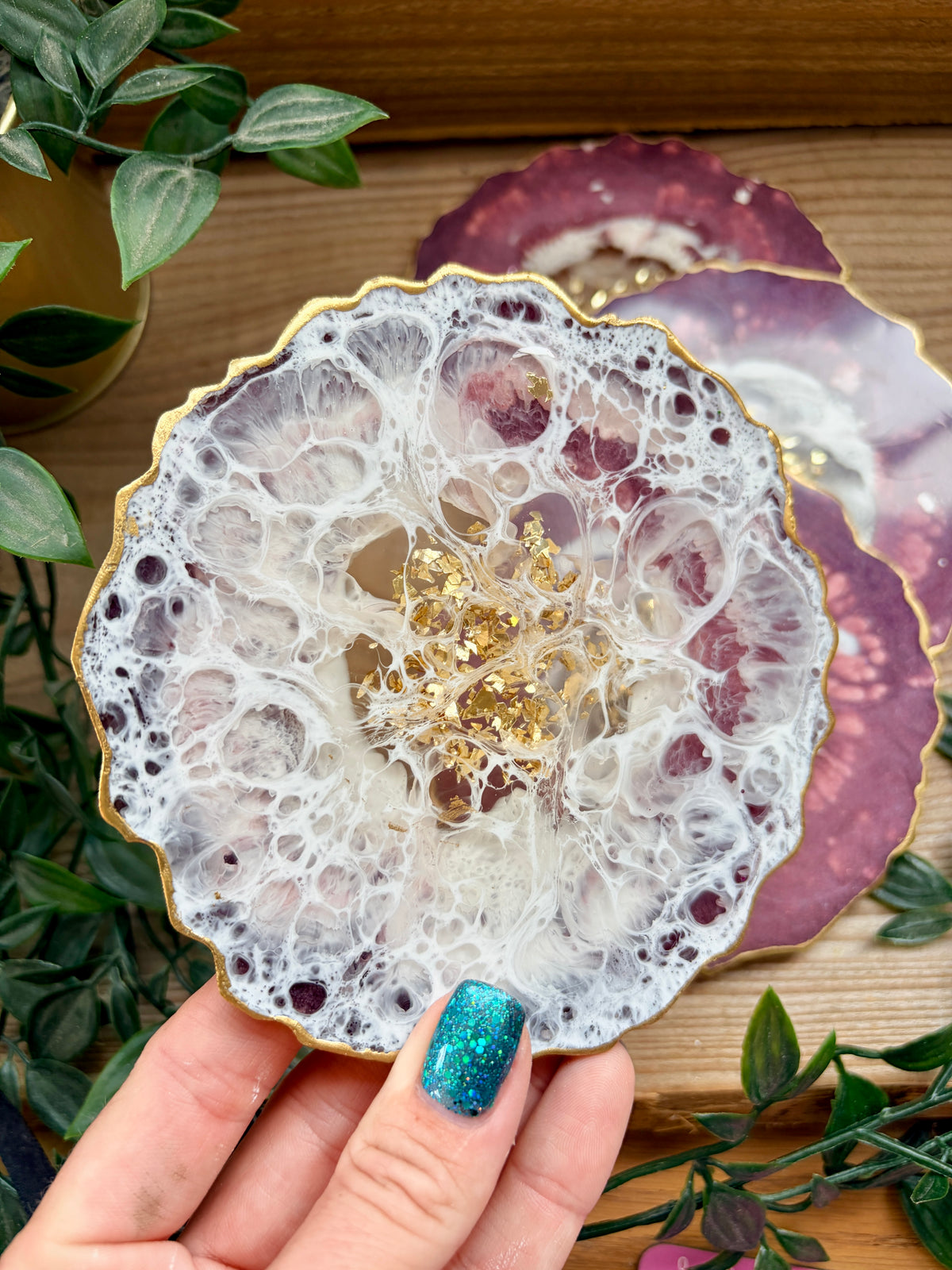 Geode Style Resin Art Coasters- Burgundy, White and Gold
