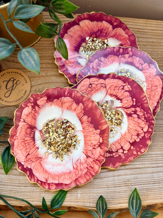 Geode Style Resin Art Coasters - Vermilion Orange, White and Gold