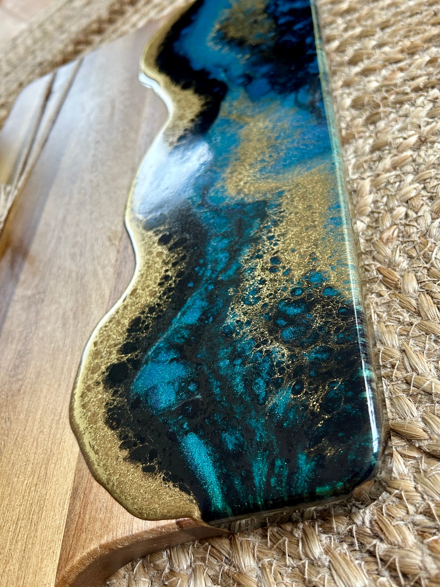 Resin Art Acacia Wood Serving Board - Turquoise, Black and Gold