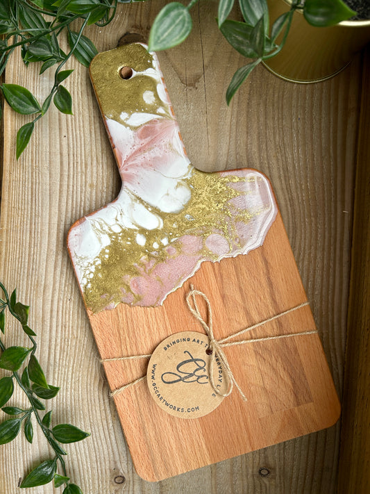Resin Art Beech Wood Serving Paddle - Pink, White and Gold