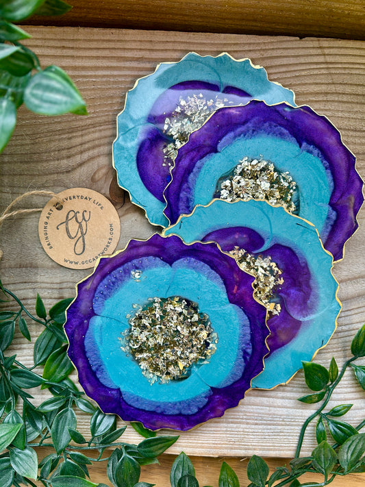 Geode Style Resin Art Coasters - Turquoise, Purple, White and Gold