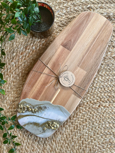 Resin Art Acacia Wood Serving Board - Taupe, White and Gold